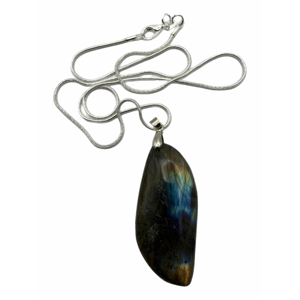 Natural Labradorite Stone Pendant Necklace Silver Tone Snake Chain Blue Flash